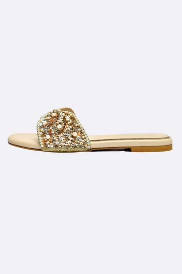Beige leather flat slippers with pearl and sequin embellished strap – Paolo Rossi