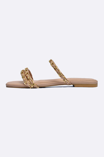Beige women’s flat sandals with dual gold chain straps – Paolo Rossi