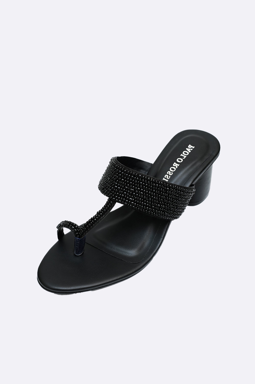 Black leather toe-ring block heel slippers with beaded embellishment – Paolo Rossi