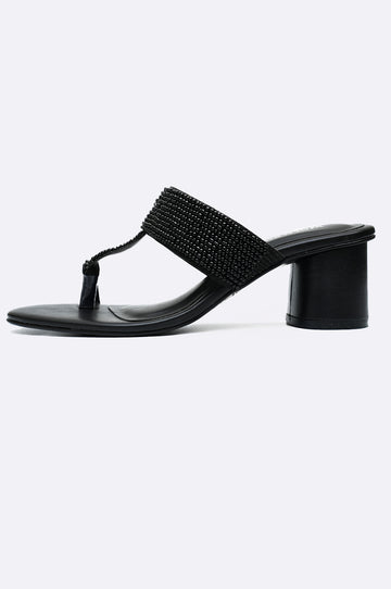 Black leather toe-ring block heel slippers with beaded embellishment – Paolo Rossi