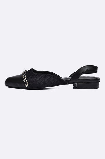 Black leather pointed slingback flat sandals with chain embellishment – Paolo Rossi
