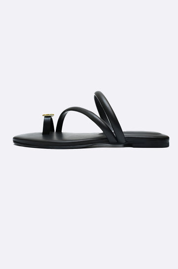 Black leather flat slippers with toe-loop and gold buckle accent – Paolo Rossi