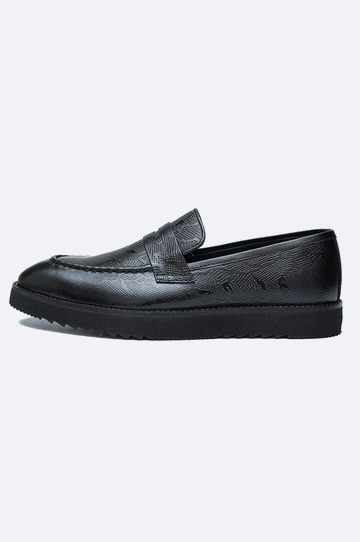 Paolo Rossi handmade black moccasins in snake-textured leather with rubber sole