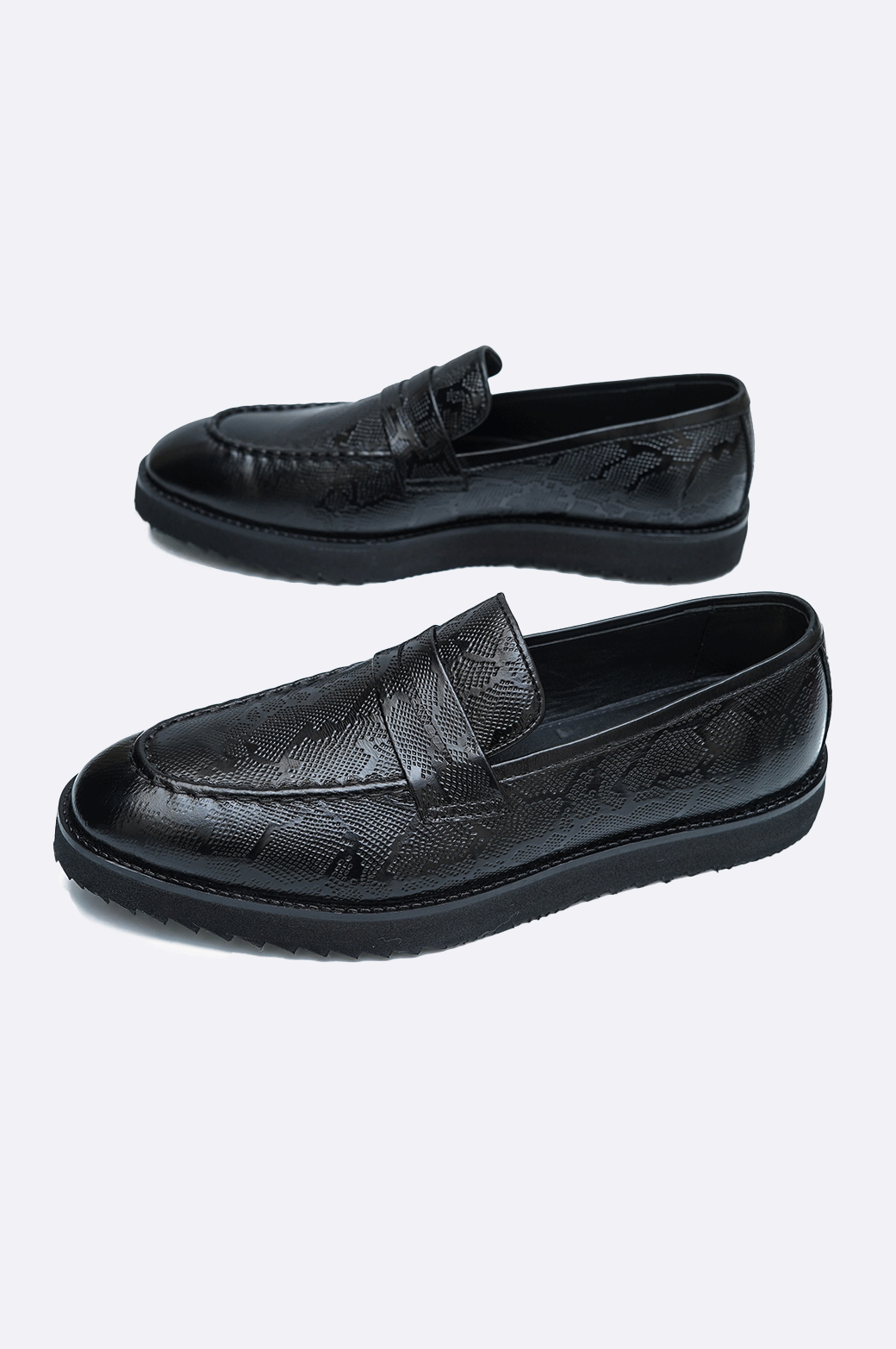 Paolo Rossi handmade black moccasins in snake-textured leather with rubber sole