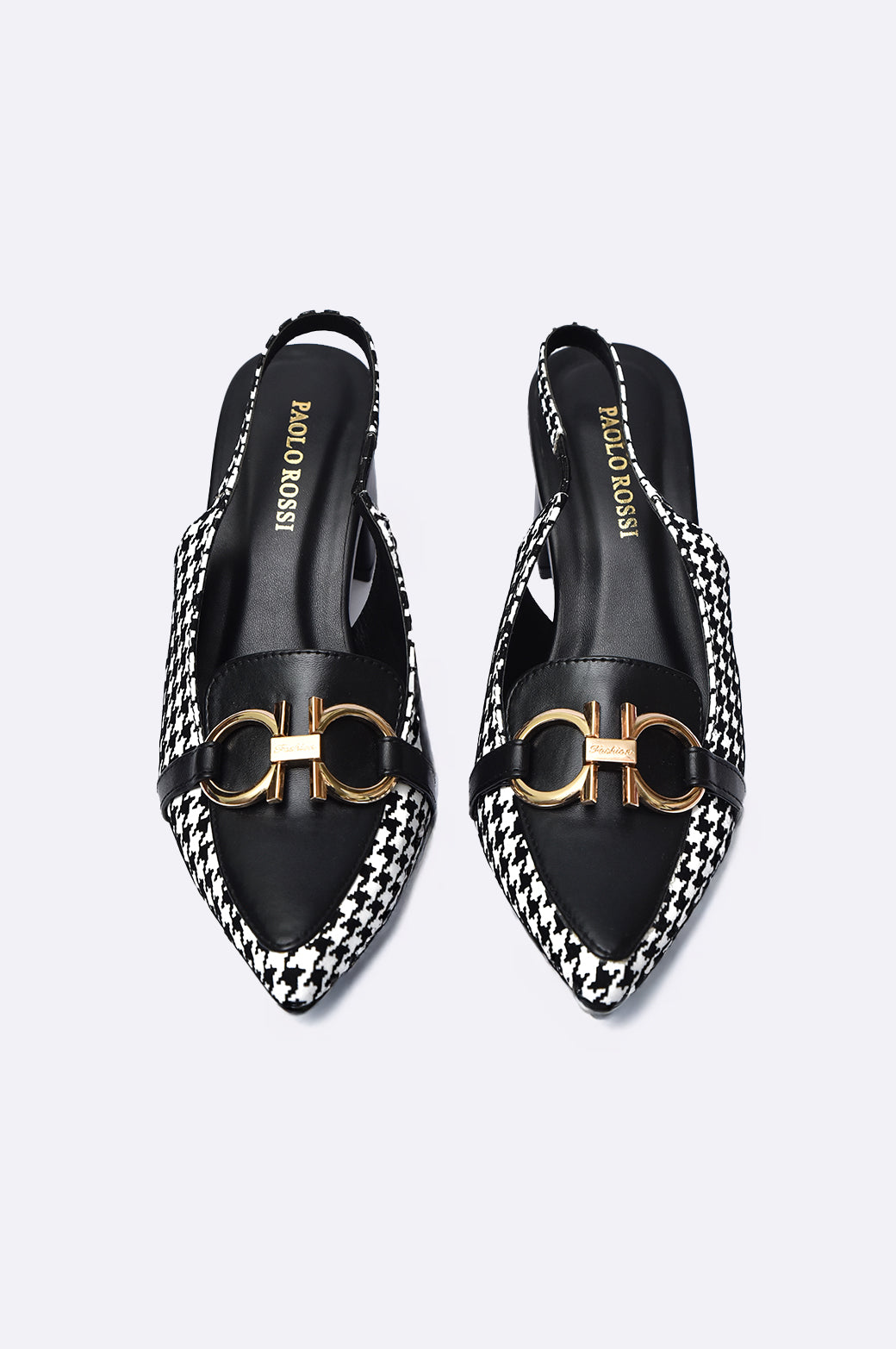 Black and white houndstooth leather slingback heels with block heel and gold buckle – Paolo Rossi