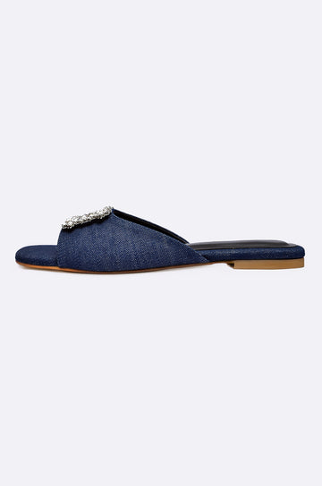 Blue leather flat women’s slippers with crystal buckle – Paolo Rossi