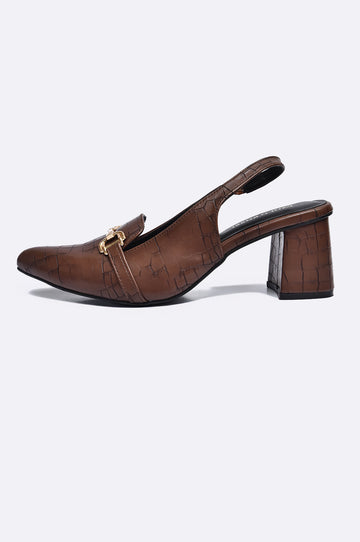Brown croc-textured leather slingback block heel with gold buckle – Paolo Rossi