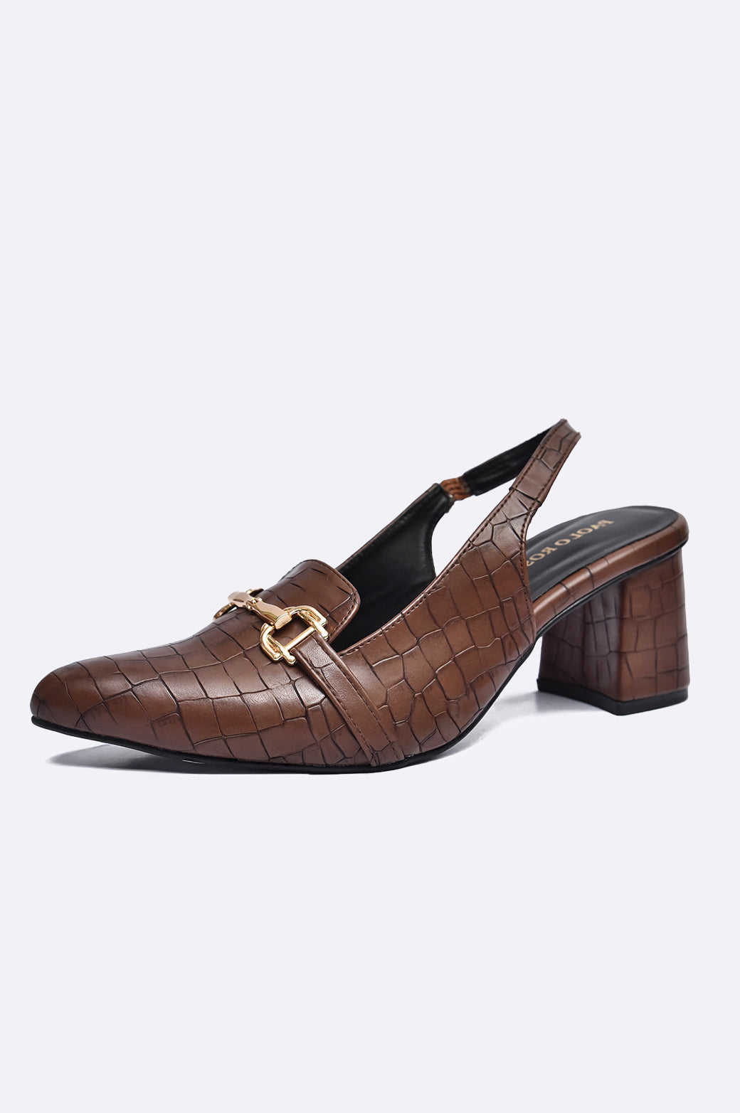 Brown croc-textured leather slingback block heel with gold buckle – Paolo Rossi