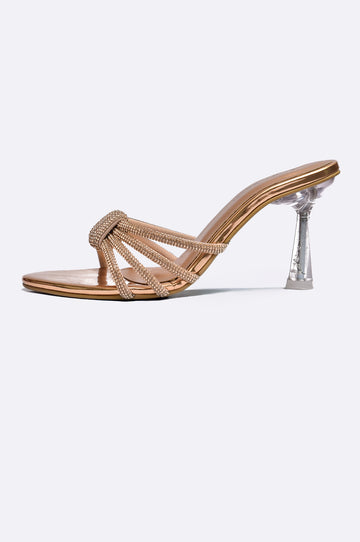 Elegant handmade high heel shoes by Paolo Rossi featuring a knotted strap and clear sculpted heel. Italian design masterpiece.
