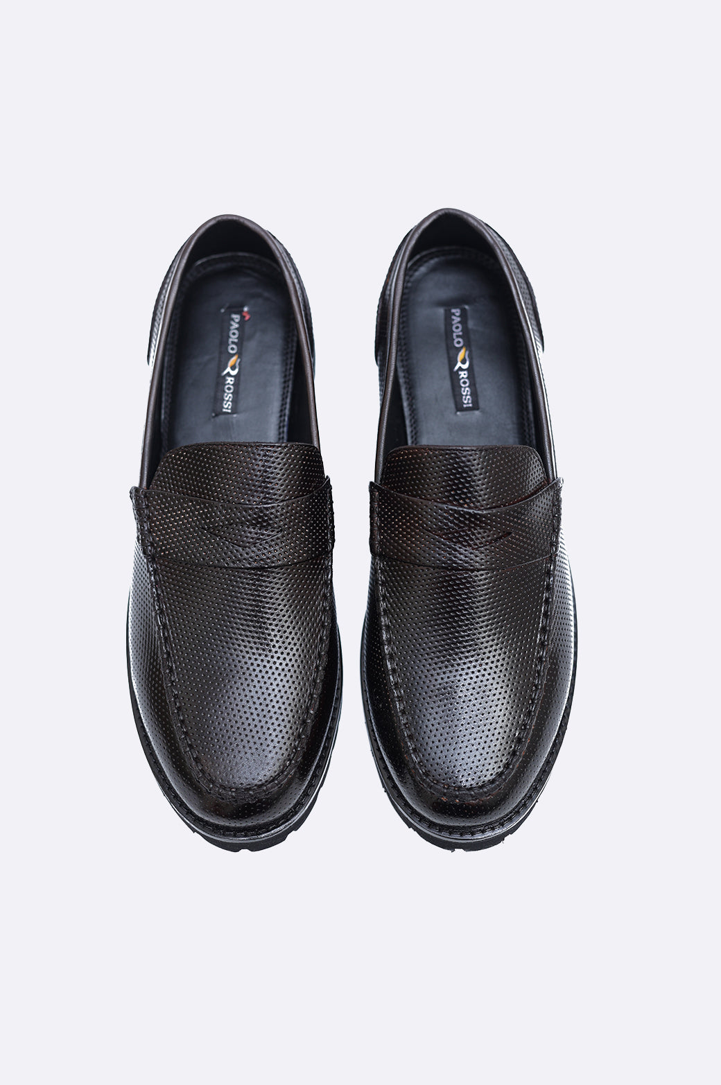 Pair of men's dark brown perforated leather penny loafers featuring a classic saddle strap and a thick black rugged lug sole.