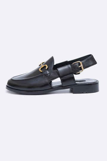 Pair of premium men's black leather closed-toe sandals with gold horsebit hardware and adjustable slingback heel straps.