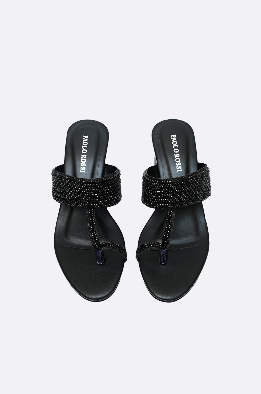 Black leather toe-ring block heel slippers with beaded embellishment – Paolo Rossi