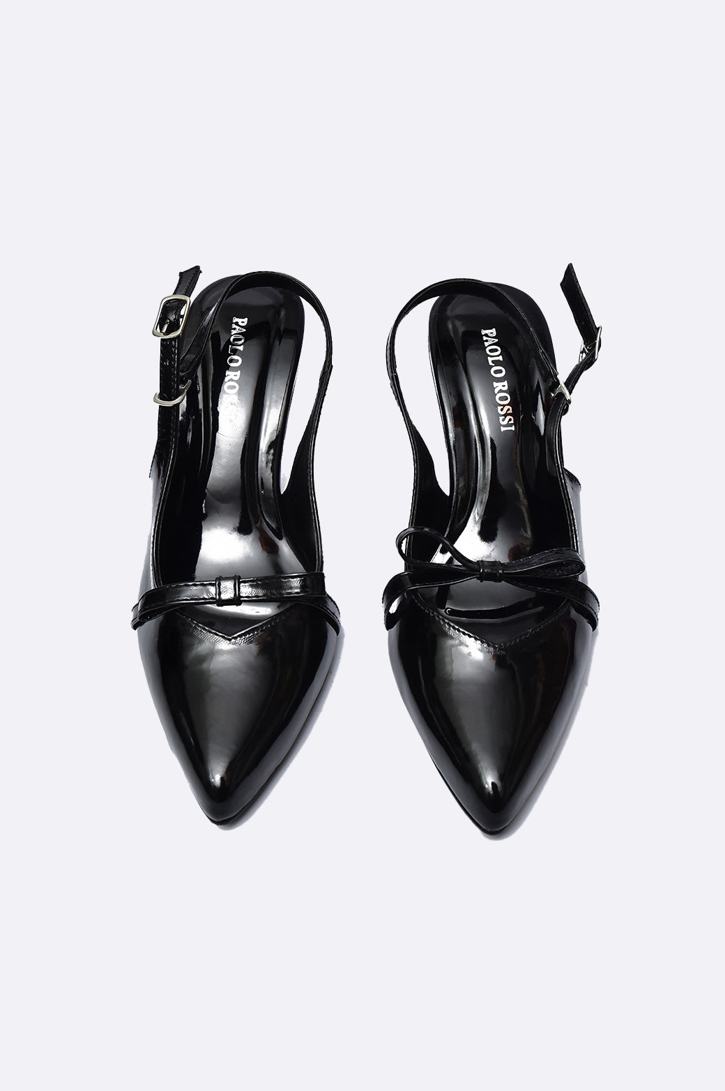 Black patent leather slingback heels with pointed toe and front strap – Paolo Rossi
