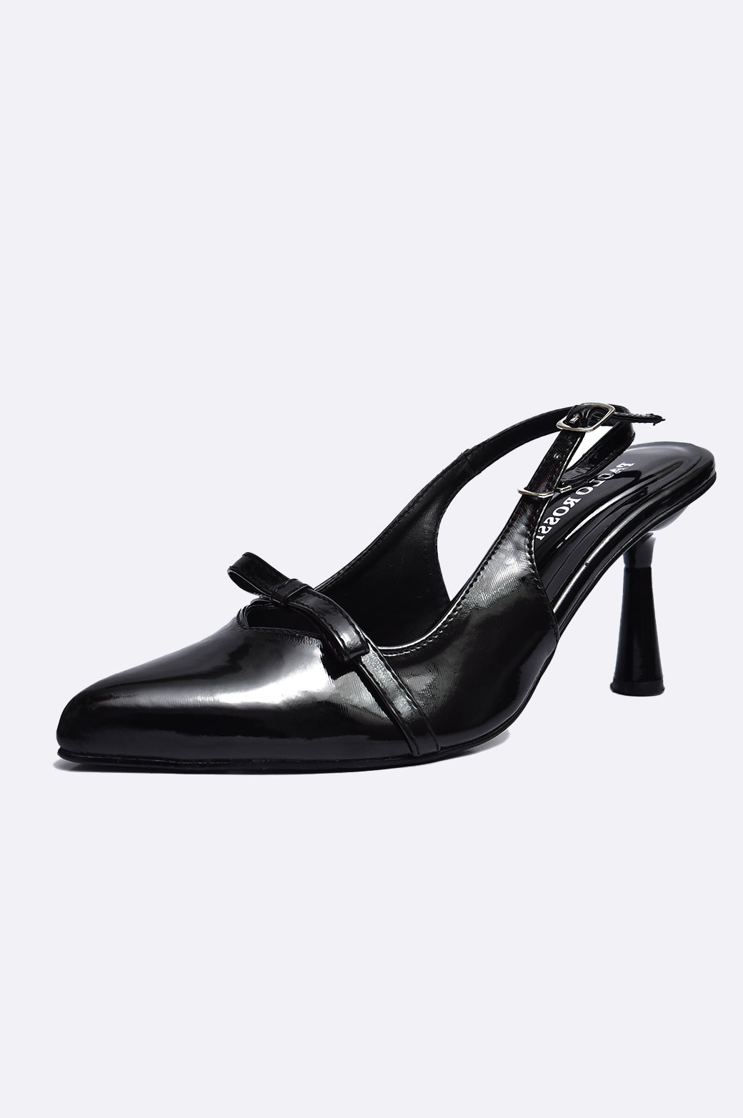 Black patent leather slingback heels with pointed toe and front strap – Paolo Rossi