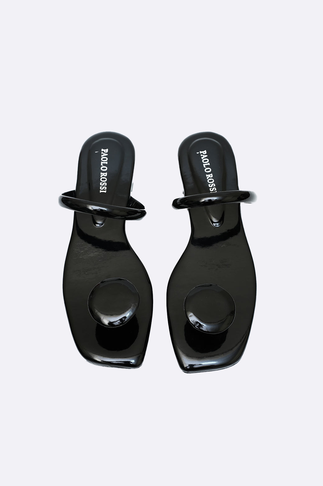 Handmade black patent leather shoes by Paolo Rossi with minimalist design and high-gloss finish for elegant style.