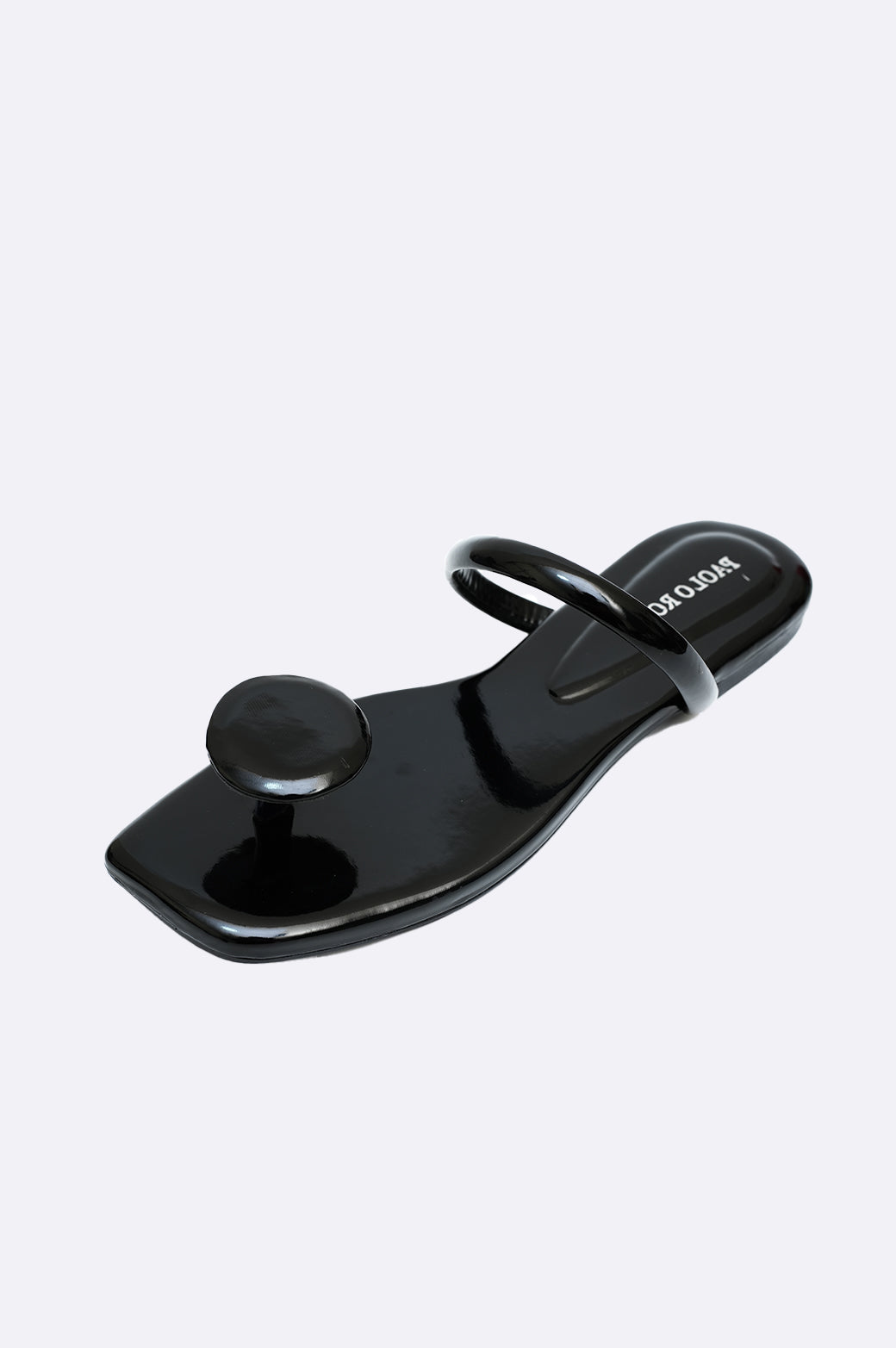 Handmade black patent leather flats by Paolo Rossi with minimalist straps and high-gloss finish.