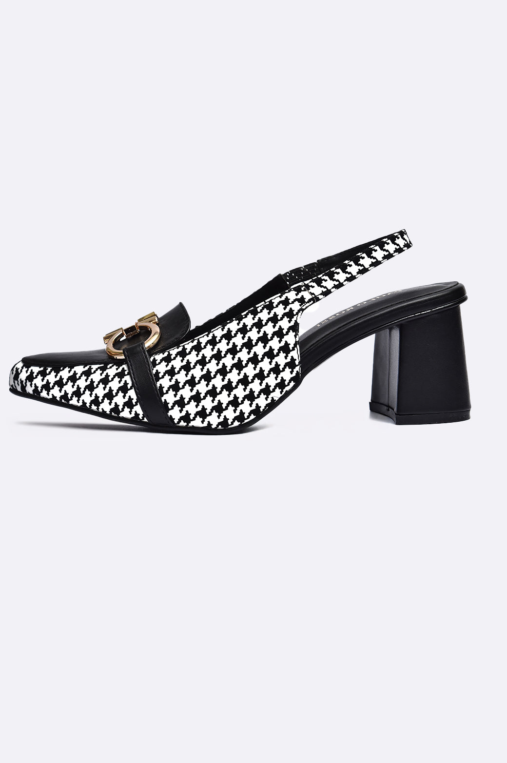 Black and white houndstooth leather slingback heels with block heel and gold buckle – Paolo Rossi