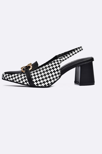 Black and white houndstooth leather slingback heels with block heel and gold buckle – Paolo Rossi