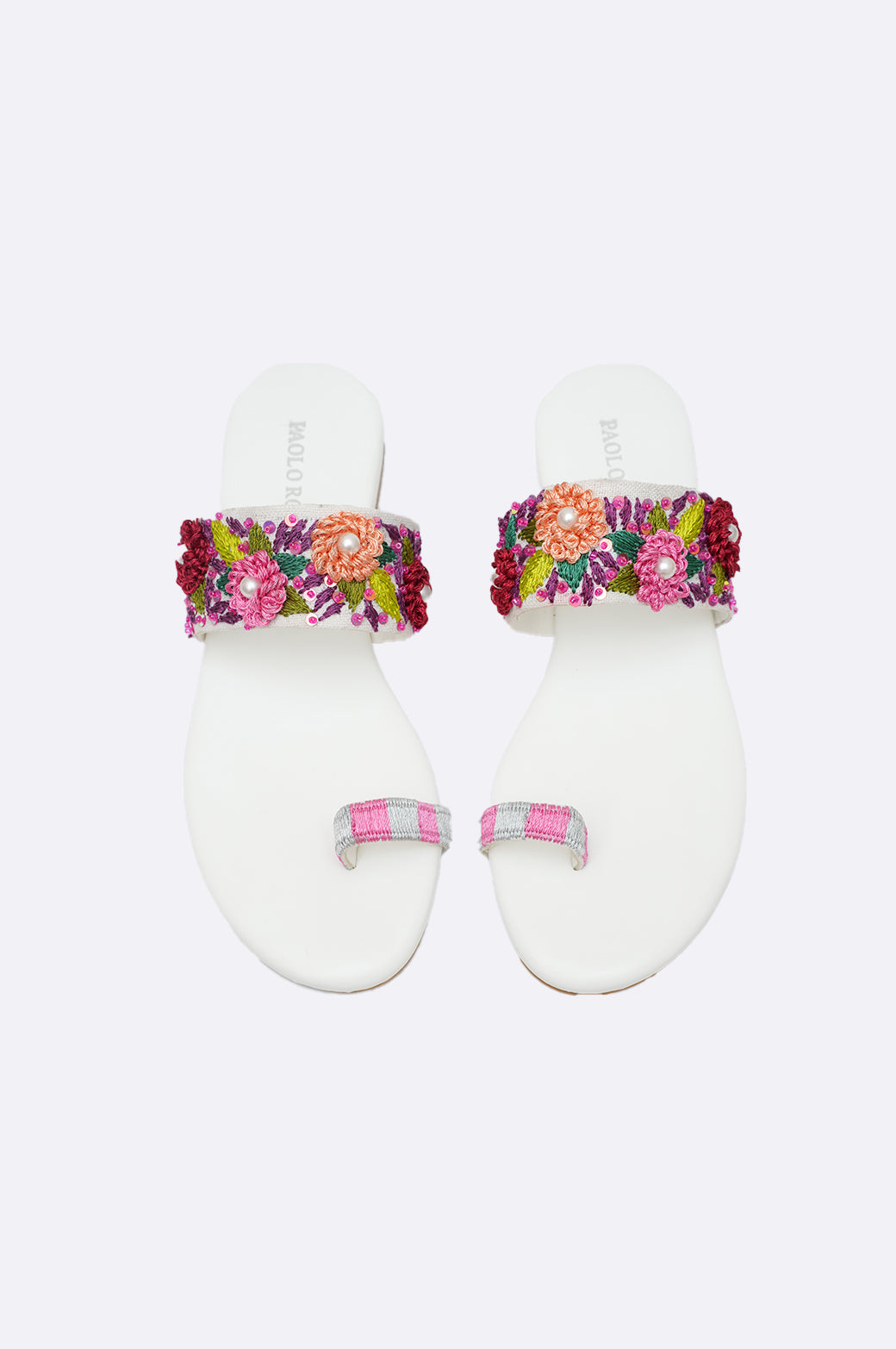 White leather flat slippers with colorful floral embroidery and pearl accents – Paolo Rossi