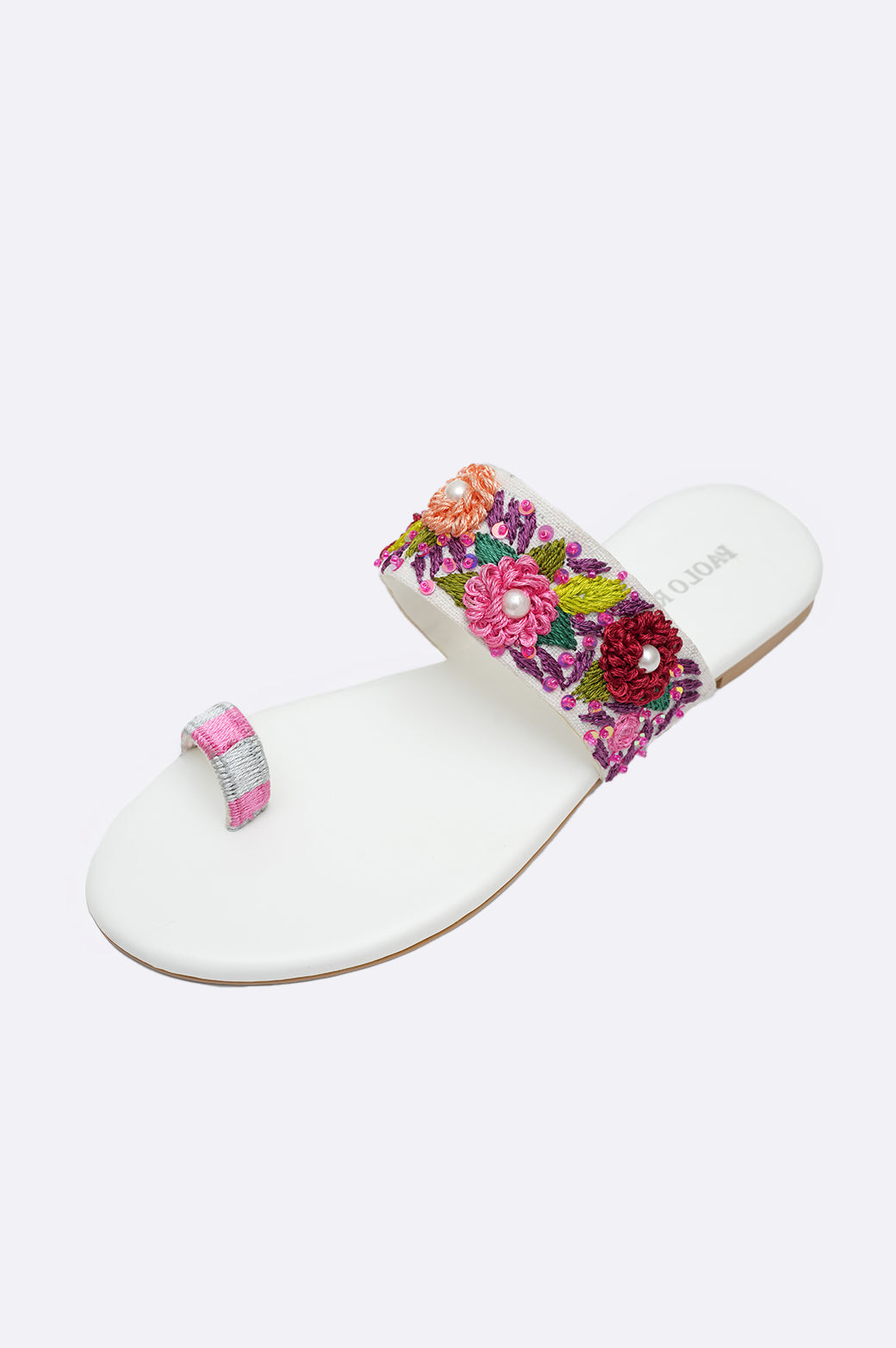 White leather flat slippers with colorful floral embroidery and pearl accents – Paolo Rossi