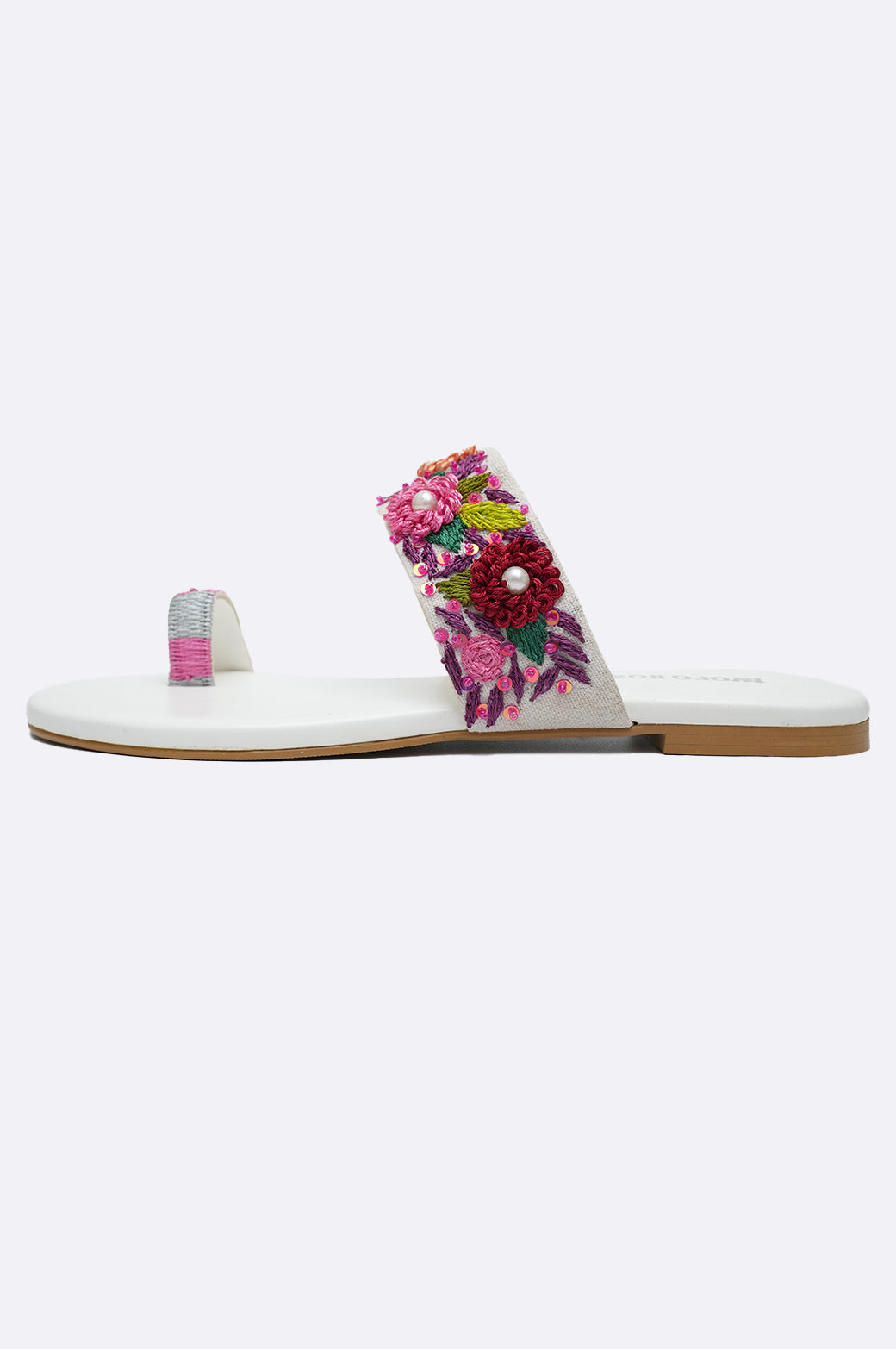 White leather flat slippers with colorful floral embroidery and pearl accents – Paolo Rossi