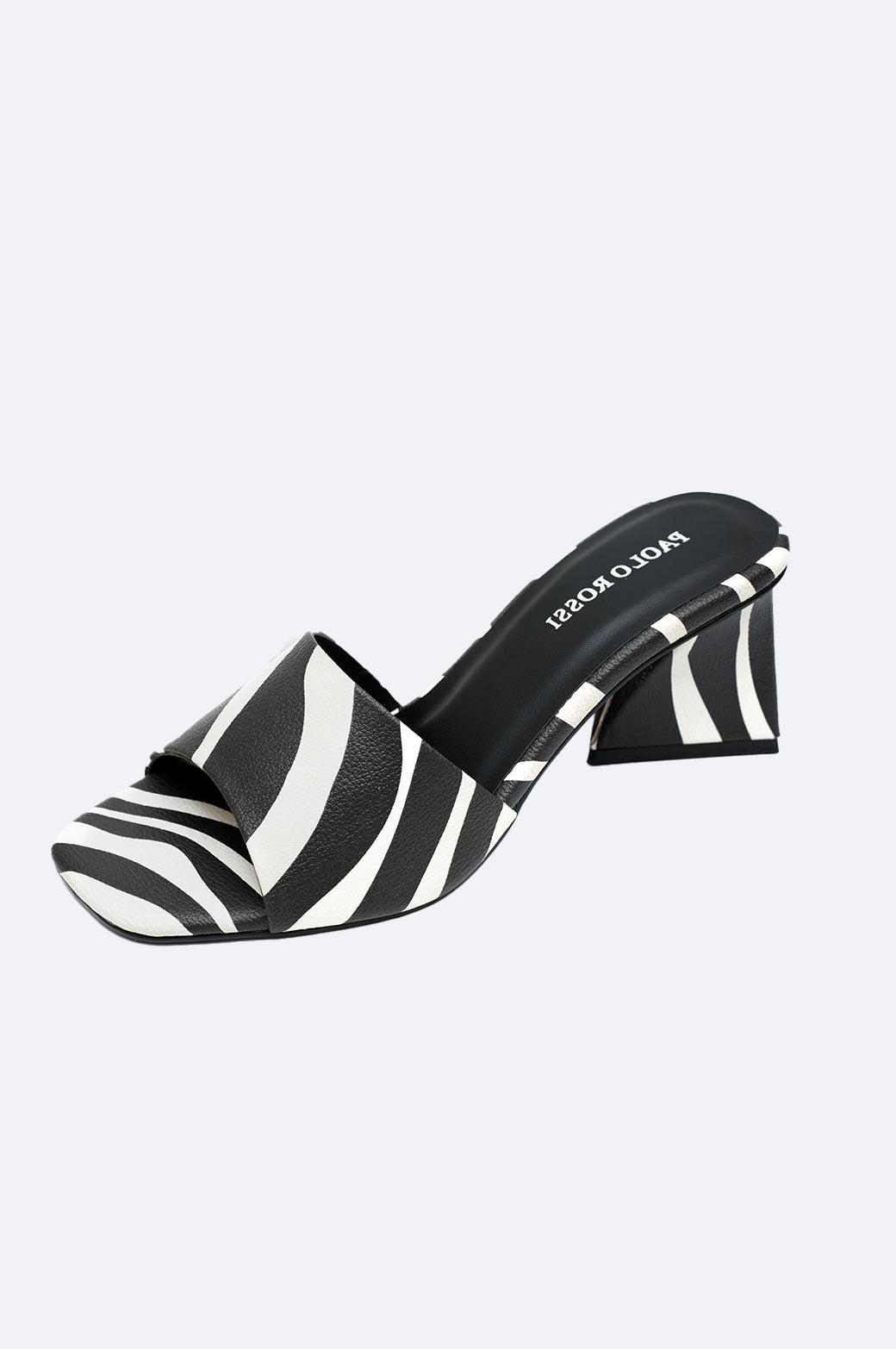 Stylish black and white zebra print block heel shoes by Paolo Rossi, showcasing handmade Italian design and bold fashion.