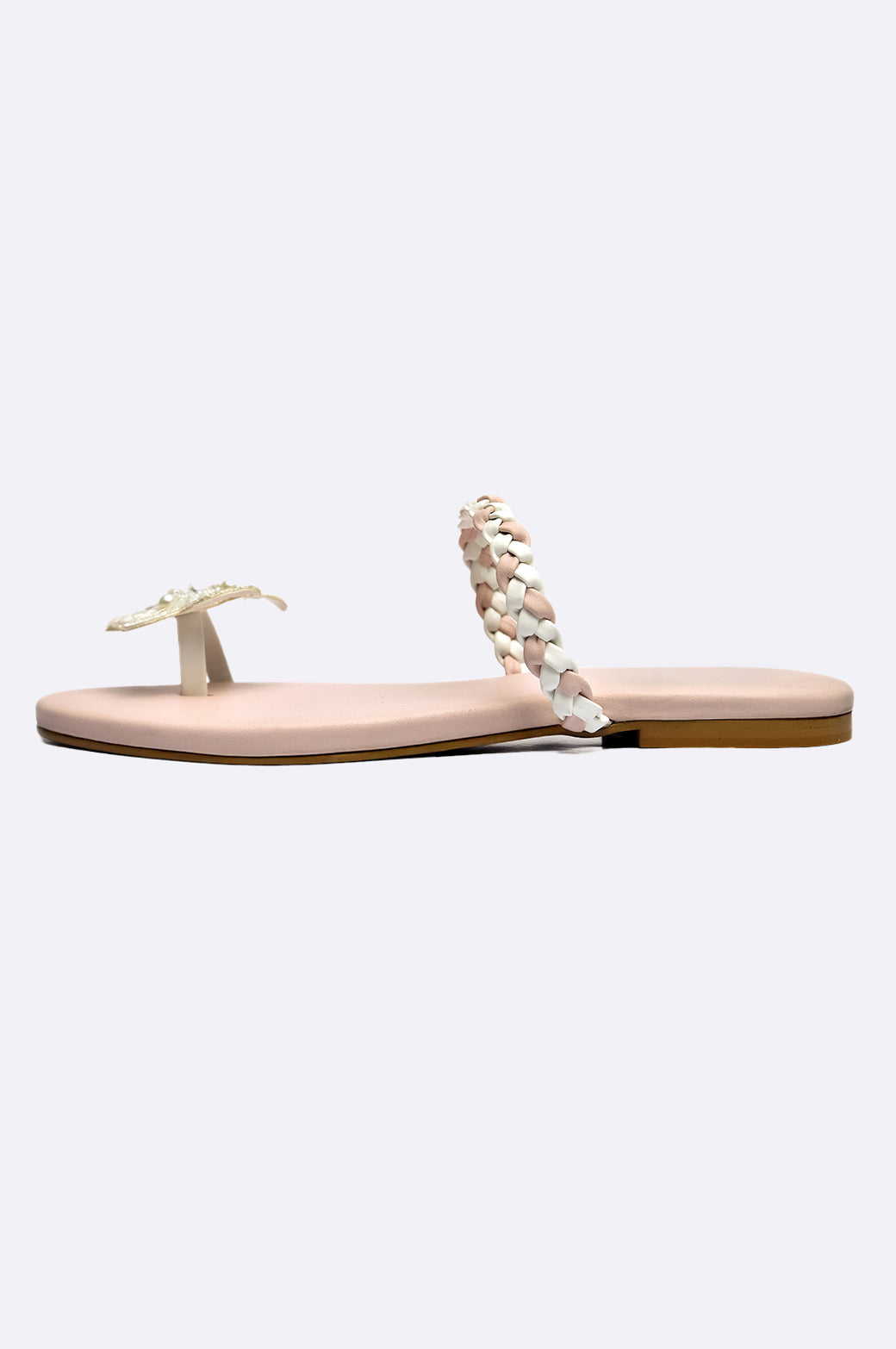 Pink leather flat slippers with ivory floral toe-ring and pearl embellishment – Paolo Rossi