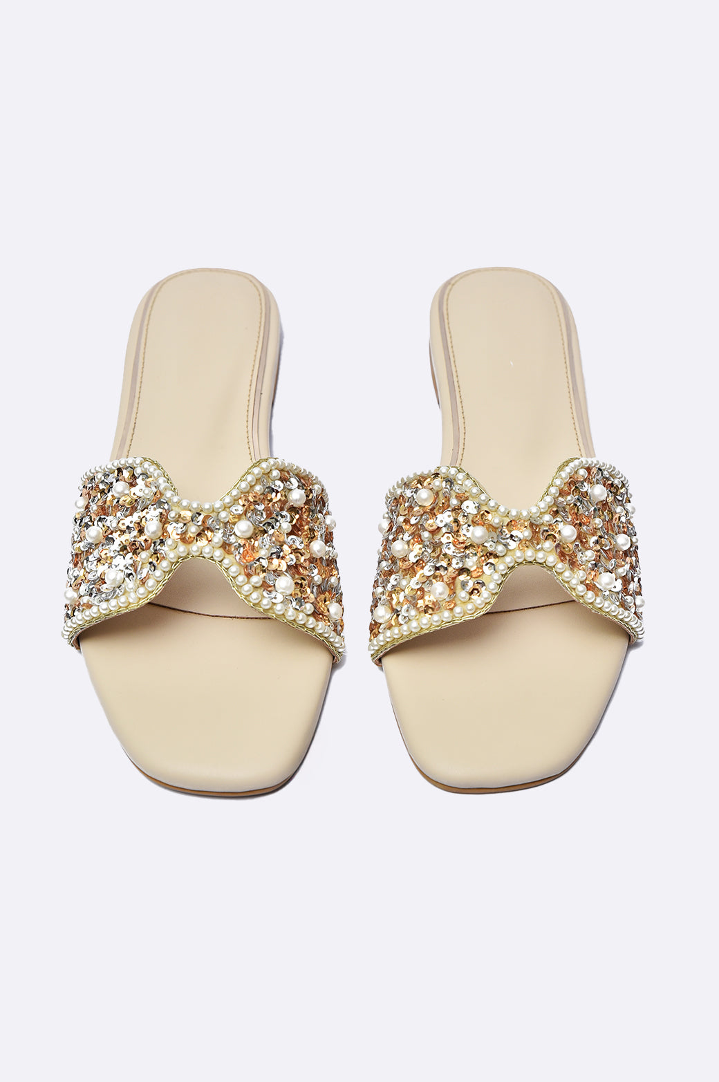 Beige leather flat slippers with pearl and sequin embellished strap – Paolo Rossi