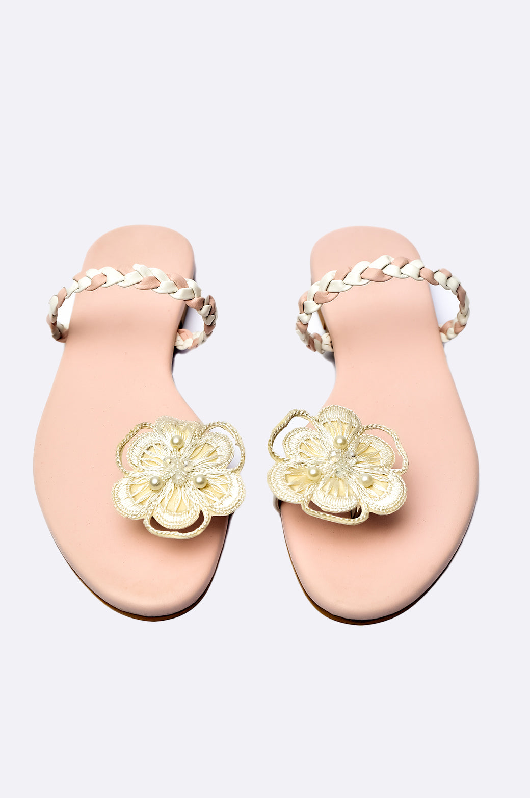 Pink leather flat slippers with ivory floral toe-ring and pearl embellishment – Paolo Rossi
